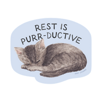 Dog Dish vinyl sticker featuring a watercolor sleeping cat and the text Rest Is Purr-ductive on a light blue background
