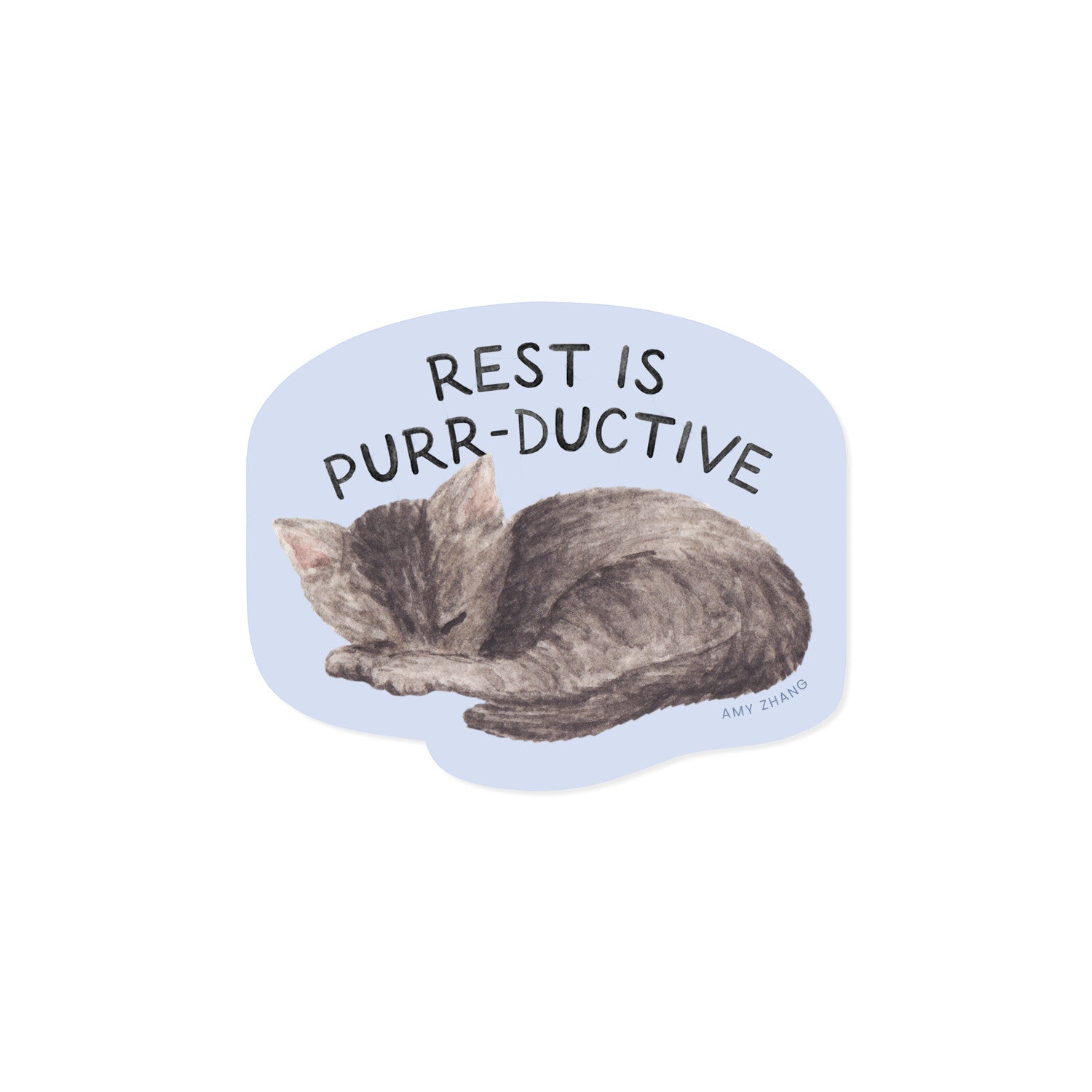 Dog Dish vinyl sticker featuring a watercolor sleeping cat with the text Rest Is Purr-ductive on a light blue background