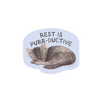 Dog Dish vinyl sticker featuring a watercolor sleeping cat with the text Rest Is Purr-ductive on a light blue background