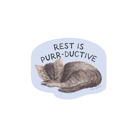 Dog Dish vinyl sticker featuring a watercolor sleeping cat with the text Rest Is Purr-ductive on a light blue background