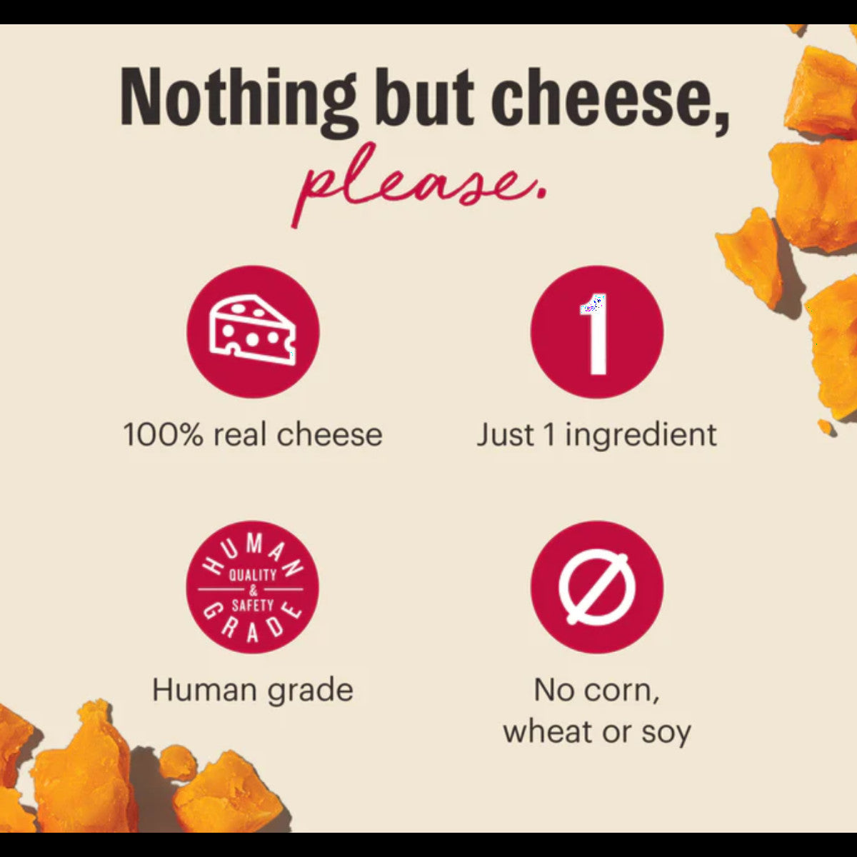 Dog Dish Honest Kitchen cheddar cheese dog treats infographic showing 100% real cheese and human grade ingredients