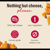 Dog Dish Honest Kitchen cheddar cheese dog treats infographic showing 100% real cheese and human grade ingredients