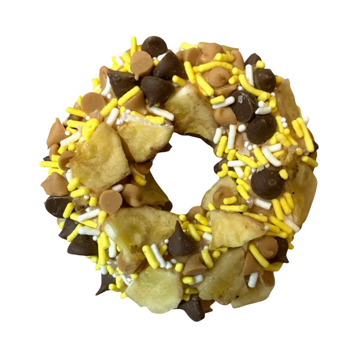 Dog Dish Chunky Monkey Granola Donut topped with banana chips, carob drops, peanut butter chips, and yellow sprinkles.