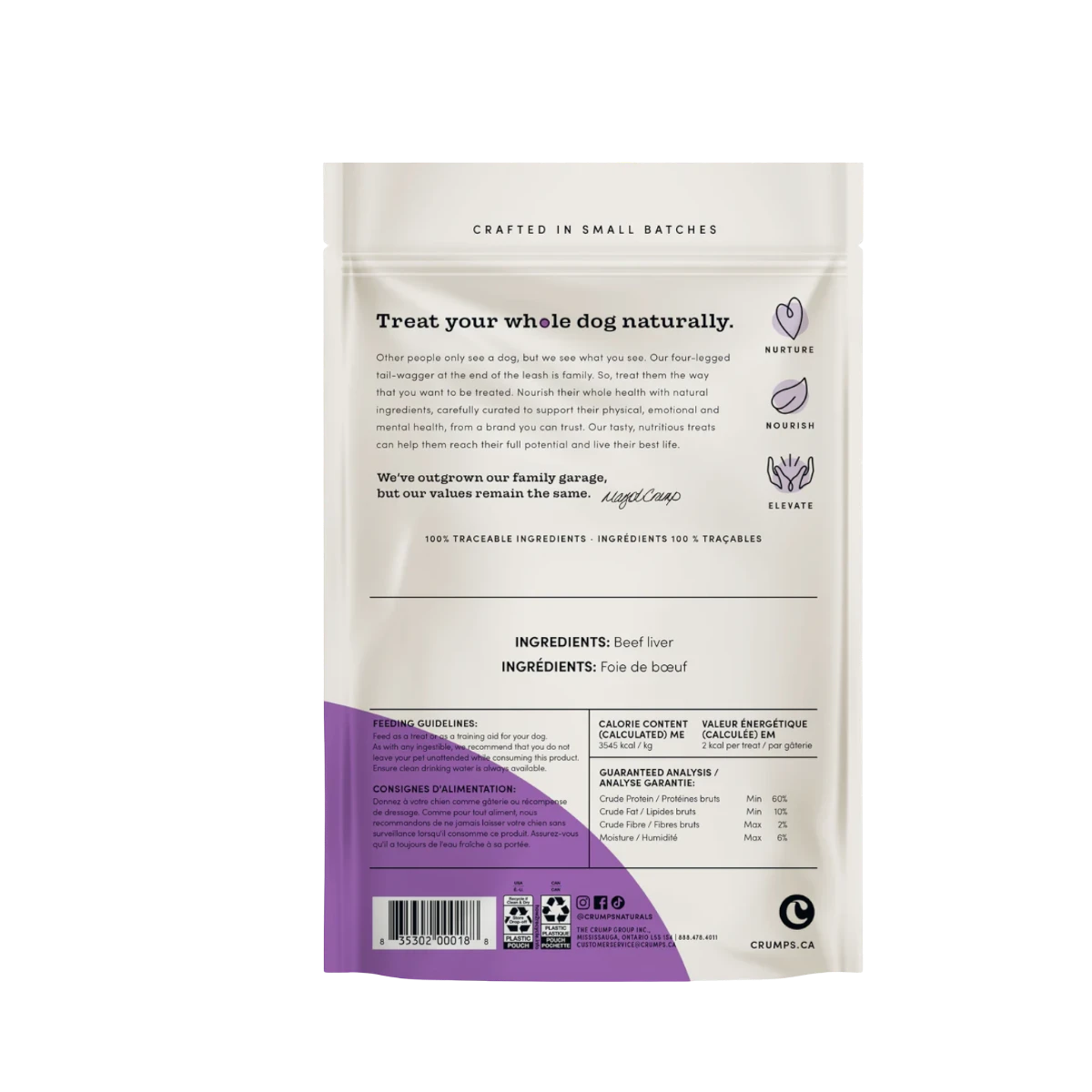 Dog Dish Crumps Naturals beef liver dog treat packaging back label with ingredients and nutritional information