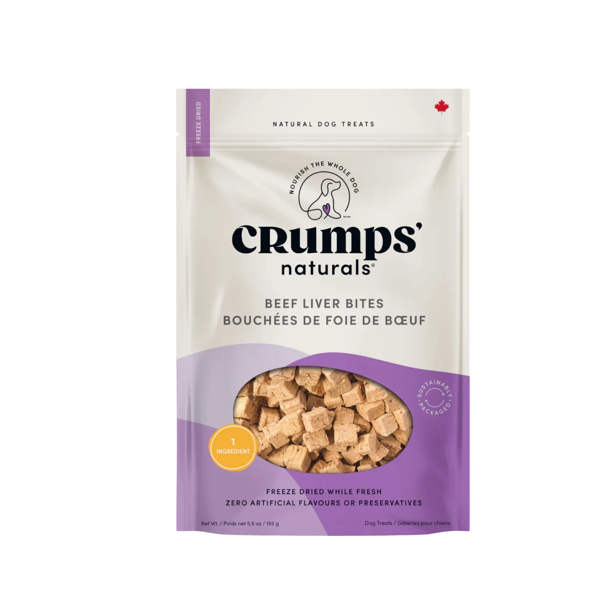 Dog Dish Crumps Naturals freeze-dried beef liver dog treat pouch with clear window showing bite-sized morsels