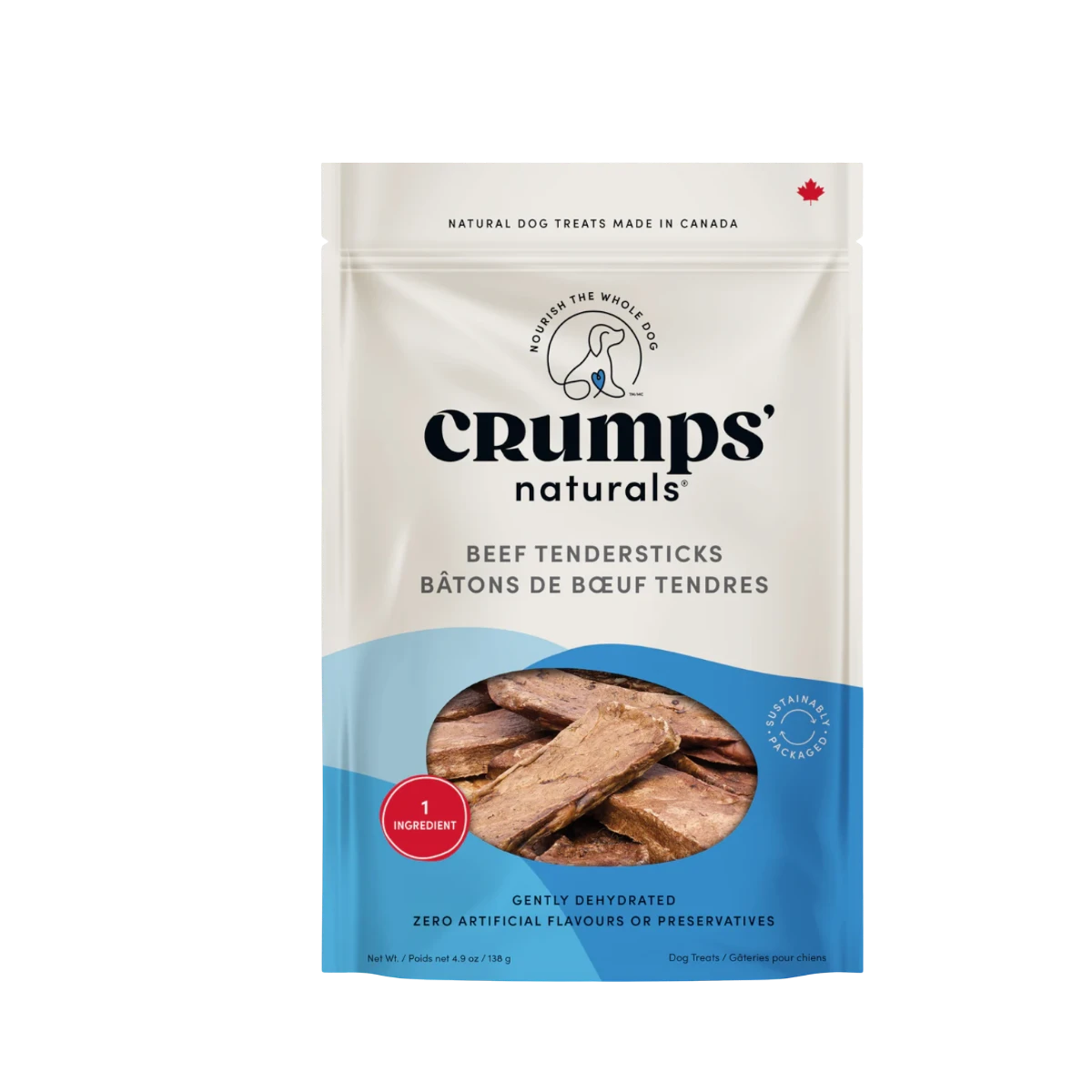 Crumps Beef Tendersticks dog treats in branded packaging displayed as the primary product shot.