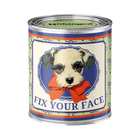 Unhinged Candles Fix Your Face Dog soy candle in a clean white jar with minimal label design.
