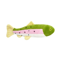 Dog Dish Fluff & Tuff Burt Lake Trout plush dog toy featuring realistic green, pink, and yellow fish markings.