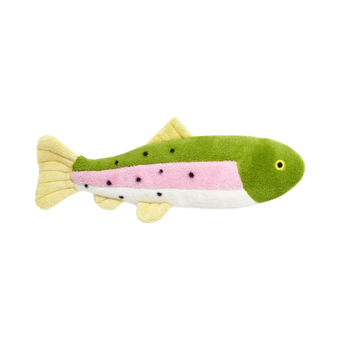 Dog Dish Fluff & Tuff Burt Lake Trout plush dog toy featuring realistic green, pink, and yellow fish markings.