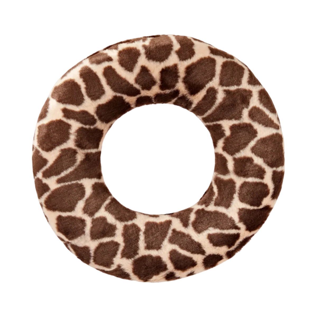 Dog Dish Fluff & Tuff plush dog toy ring featuring a brown and cream giraffe print pattern on a soft fabric surface.