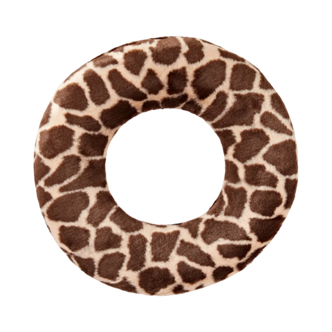 Dog Dish Fluff & Tuff plush dog toy ring featuring a brown and cream giraffe print pattern on a soft fabric surface.