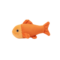 Dog Dish Fluff & Tuff Goldie Fish squeakerless plush dog toy in soft orange fabric with durable construction.