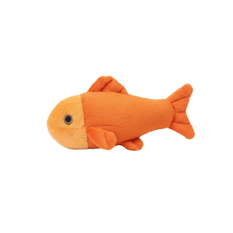 Dog Dish Fluff & Tuff Goldie Fish squeakerless plush dog toy in soft orange fabric with durable construction.