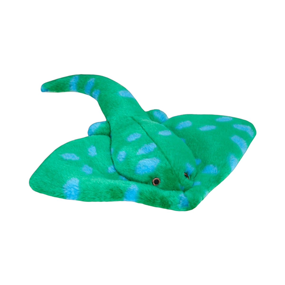 Dog Dish Fluff & Tuff Gordon Stingray plush dog toy in vibrant green with blue spots and a durable long tail.