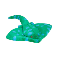 Dog Dish Fluff & Tuff Gordon Stingray plush dog toy in vibrant green with blue spots and a durable long tail.