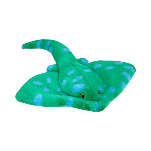 Dog Dish Fluff & Tuff Gordon Stingray plush dog toy in vibrant green with blue spots and a durable long tail.