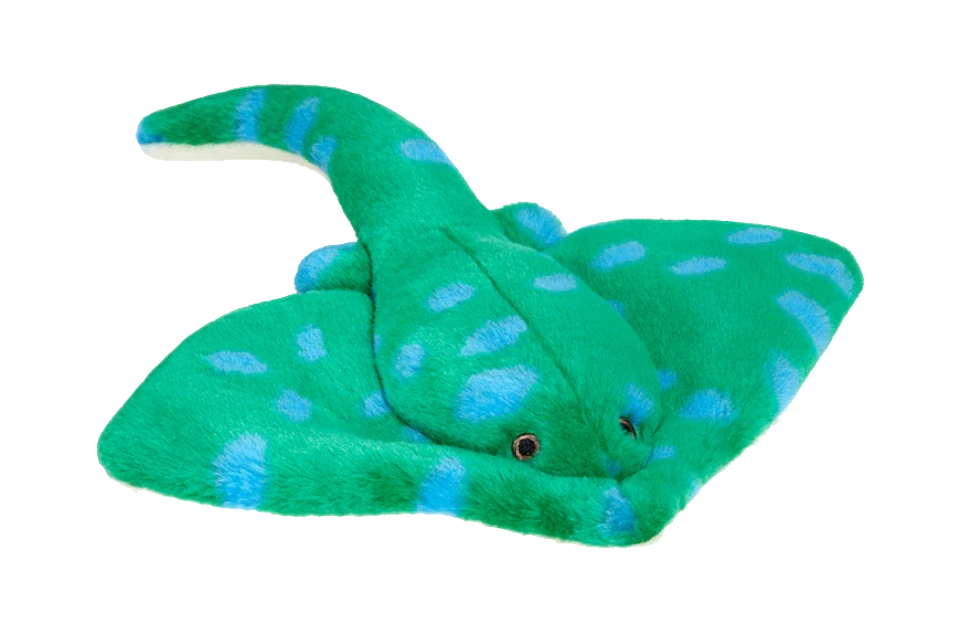 Dog Dish Fluff & Tuff Gordon Stingray plush dog toy in vibrant green with blue spots and a long tail.