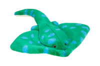 Dog Dish Fluff & Tuff Gordon Stingray plush dog toy in vibrant green with blue spots and a long tail.