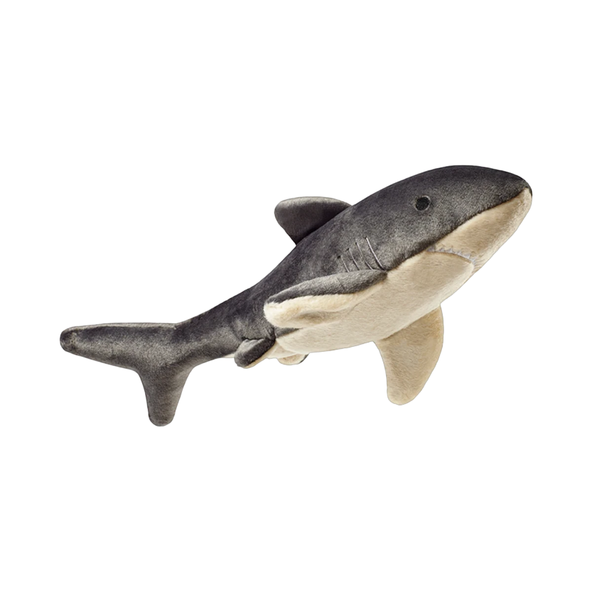 Dog Dish Fluff & Tuff Mac Shark plush dog toy with grey and cream soft fabric and durable construction.