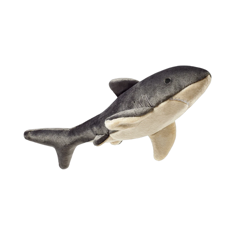 Dog Dish Fluff & Tuff Mac Shark plush dog toy with grey and cream soft fabric and durable construction.