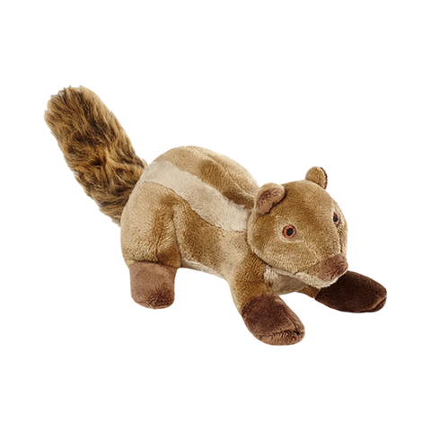 Dog Dish Fluff & Tuff Peanut the Chipmunk plush dog toy with durable reinforced seams and soft brown fur.