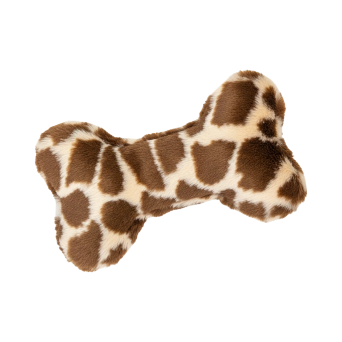 Dog Dish Fluff & Tuff Mini Python Bone plush dog toy with a brown and cream giraffe-style print on a black background.