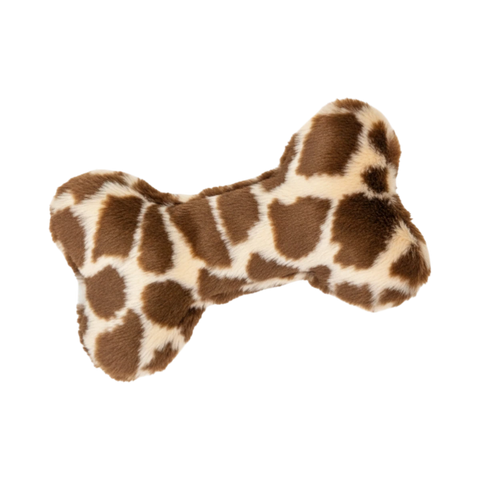 Dog Dish Fluff & Tuff Mini Python Bone plush dog toy with a brown and cream giraffe-style print on a black background.