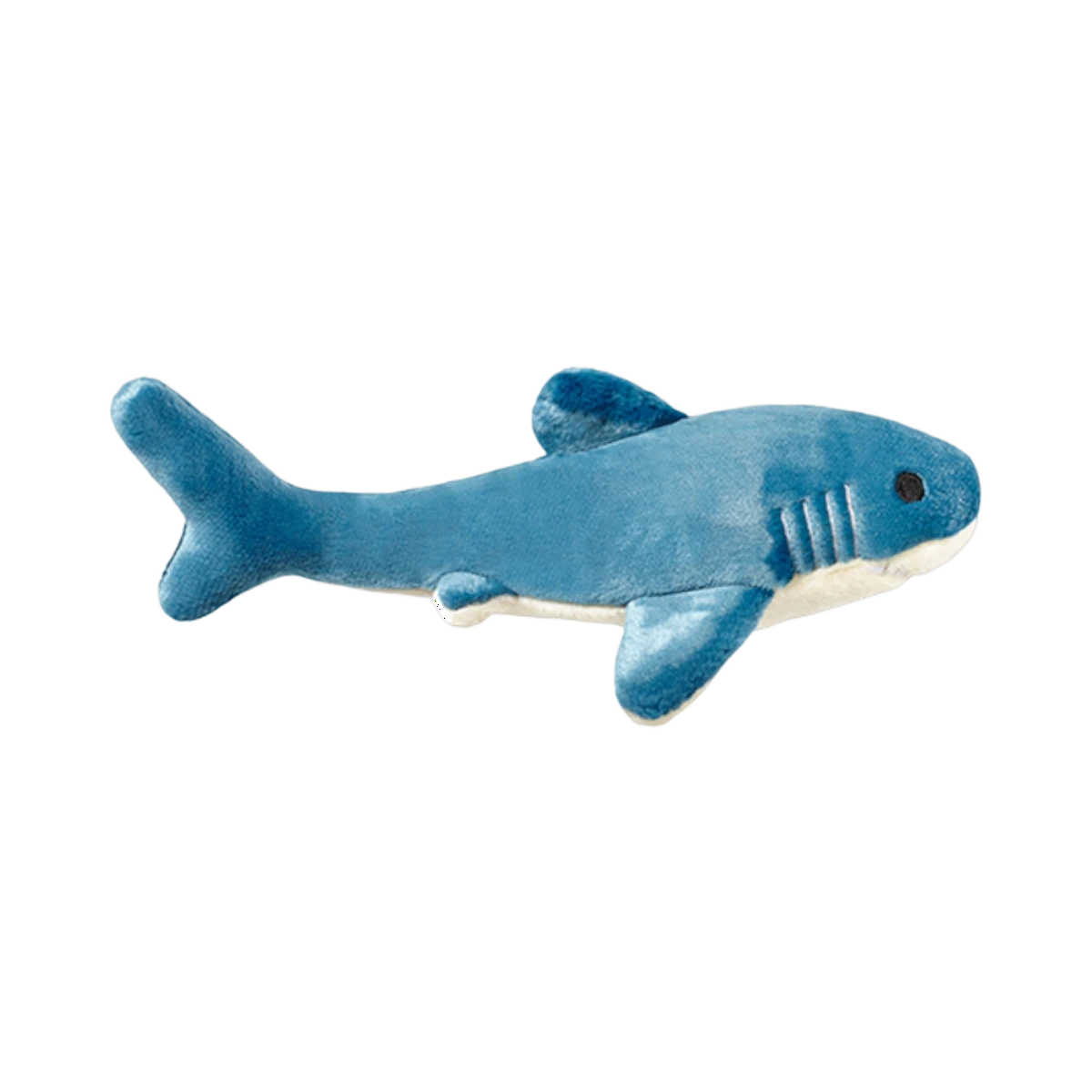 Dog Dish Fluff & Tuff Tank the Shark plush dog toy in blue with reinforced seams for durable play.