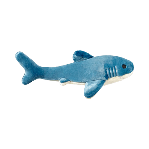 Dog Dish Fluff & Tuff Tank the Shark plush dog toy in blue with reinforced seams for durable play.