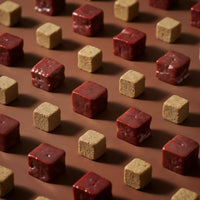 Dog Dish Max & Bella freeze-dried beef liver cubes arranged in a grid pattern on a brown background.