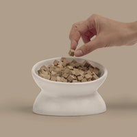 Dog Dish Max & Bella freeze-dried beef liver treats being served in a white ceramic bowl by a human hand