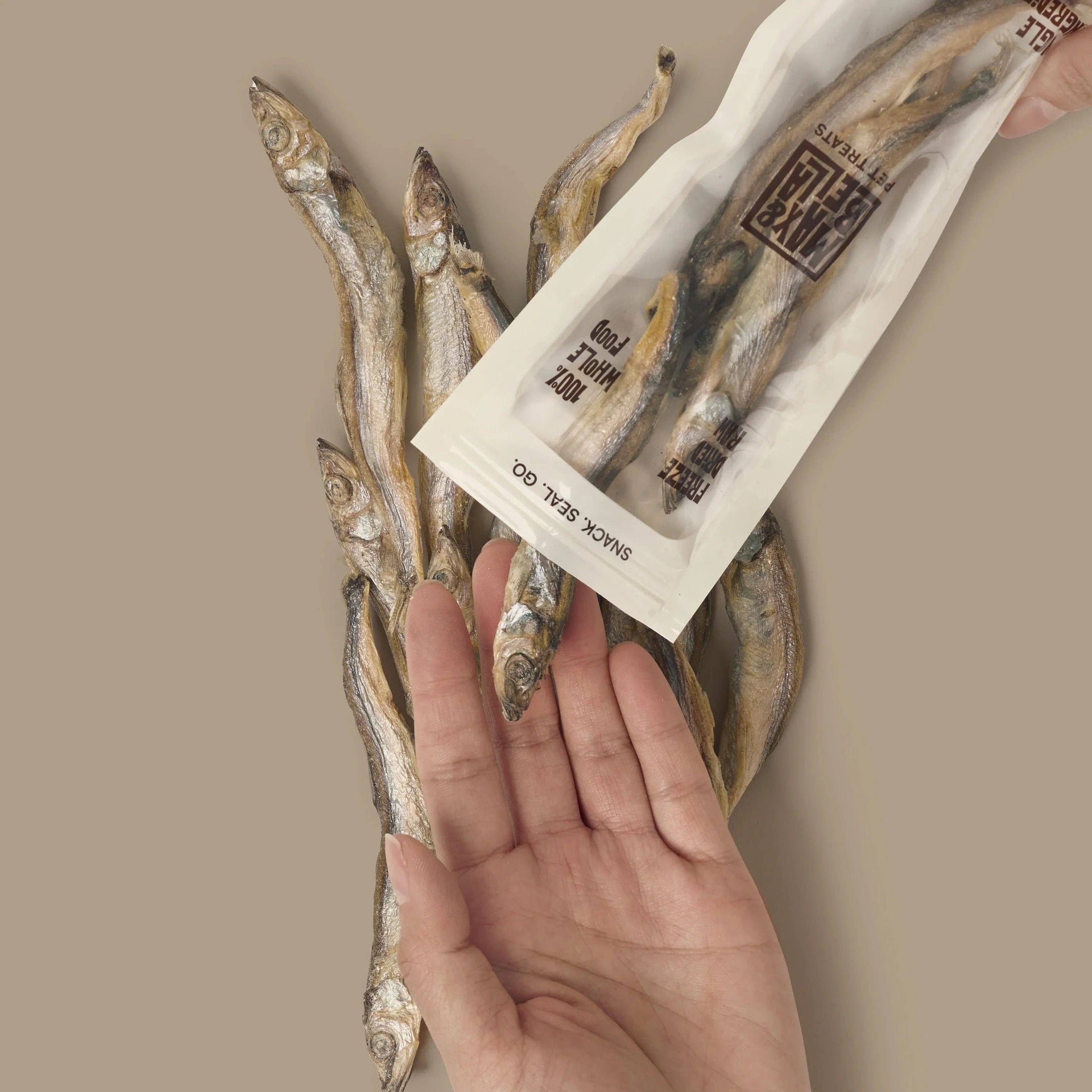 Dog Dish Max & Bella freeze-dried whole capelin fish treats for dogs and cats in a resealable pouch