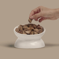 Dog Dish Max & Bella freeze-dried chicken heart treats being served in a white ceramic bowl by a human hand.
