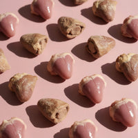 Dog Dish Max & Bella freeze-dried chicken heart pet treats arranged in a grid on a soft pink background