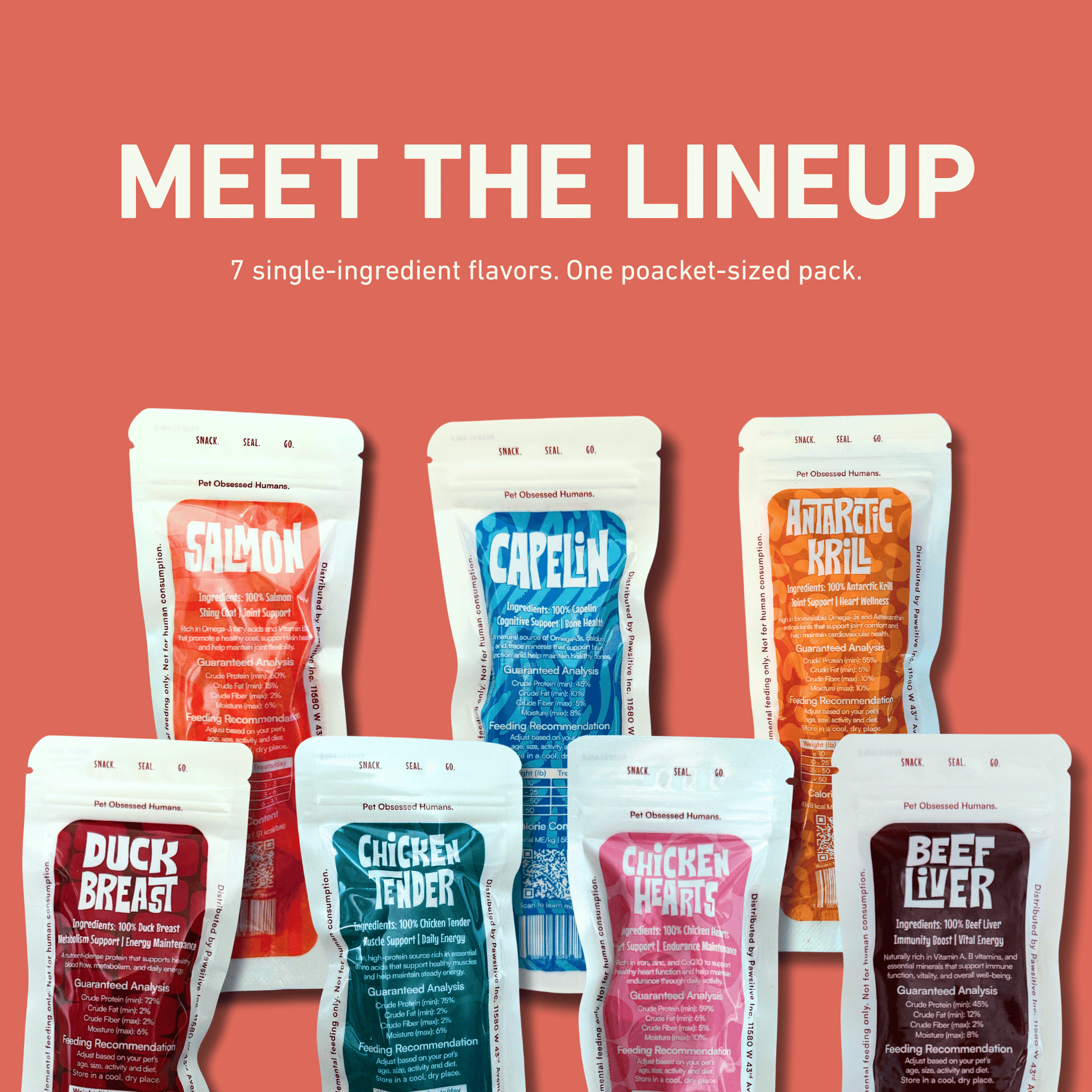 Dog Dish Max & Bella freeze-dried pet treat pouches in seven flavors including salmon, capelin, and beef liver.