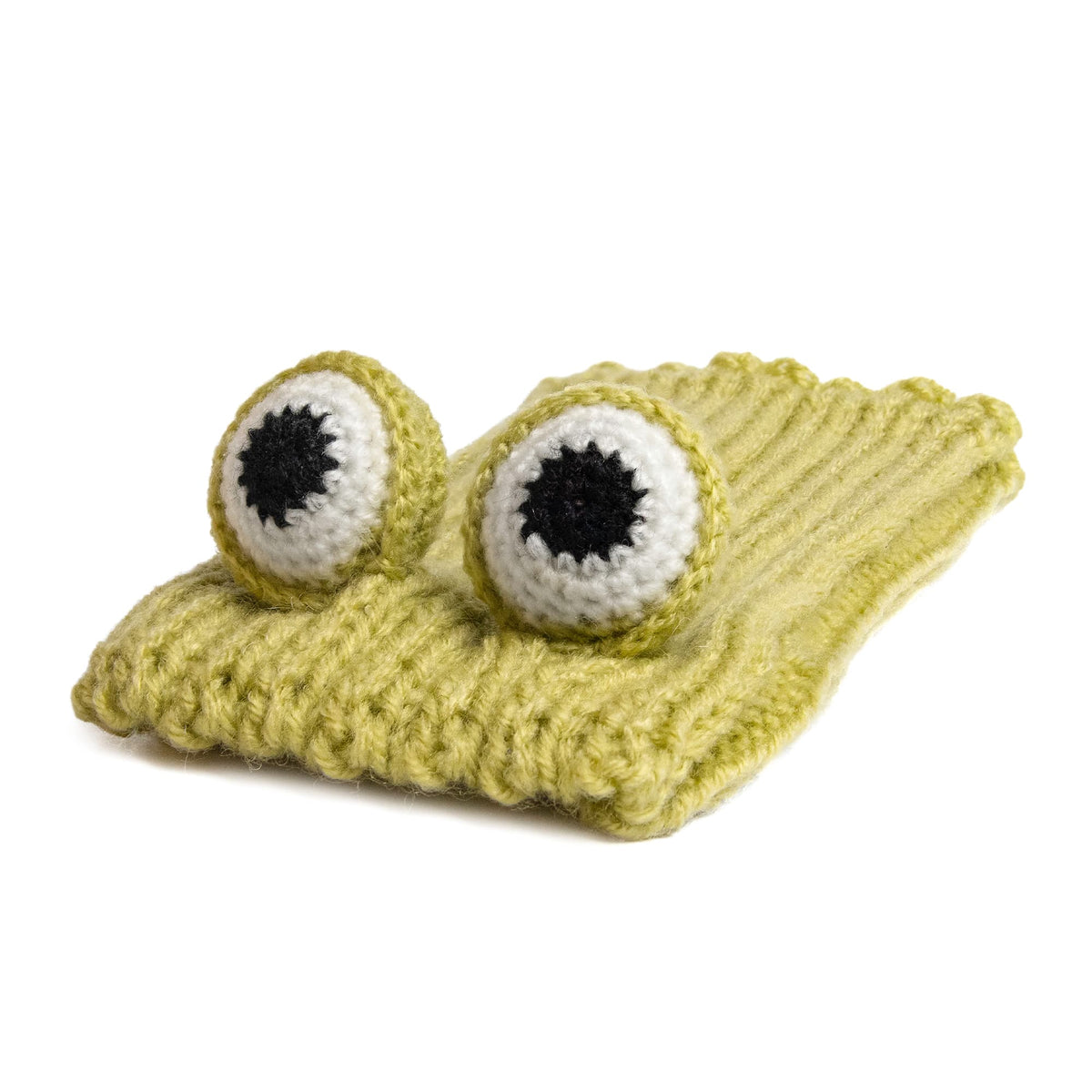 Dog Dish Frog Dog Snood in green knit acrylic yarn with playful stuffed frog eyes for cold weather pet warmth