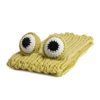Dog Dish Frog Dog Snood in green knit acrylic yarn with playful stuffed frog eyes for cold weather pet warmth