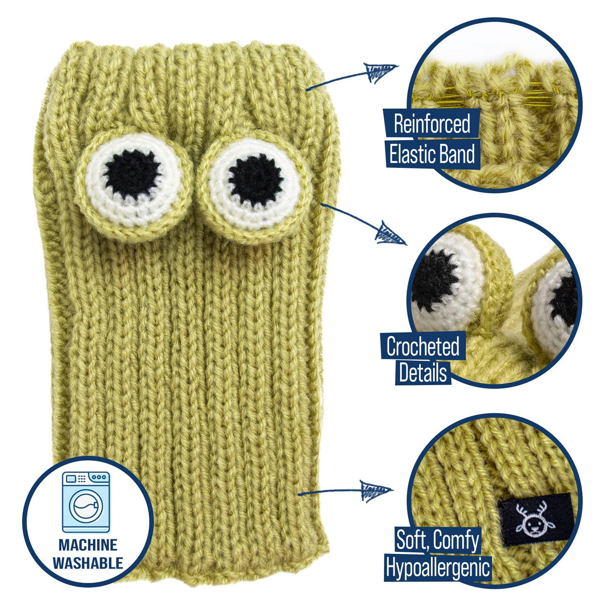 Dog Dish Frog Dog Snood in green knit yarn with crocheted frog eyes, elastic band, and machine washable label.
