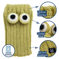 Dog Dish Frog Dog Snood in green knit yarn with crocheted frog eyes, elastic band, and machine washable label.