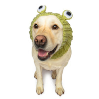 Dog Dish Frog Dog Snood made of green acrylic knit yarn worn by a happy yellow Labrador retriever