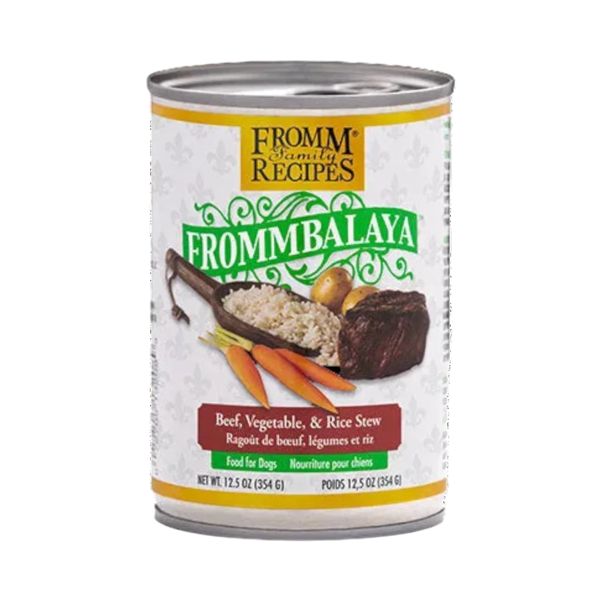 Dog Dish Fromm Frommbalaya beef vegetable and rice wet dog food 12.5oz can