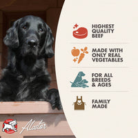 Dog Dish Fromm beef stew wet dog food featuring a black dog and icons highlighting real beef and vegetables
