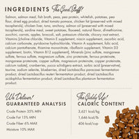 Dog Dish Fromm Salmon Tunachovy cat food ingredient list and nutritional analysis label