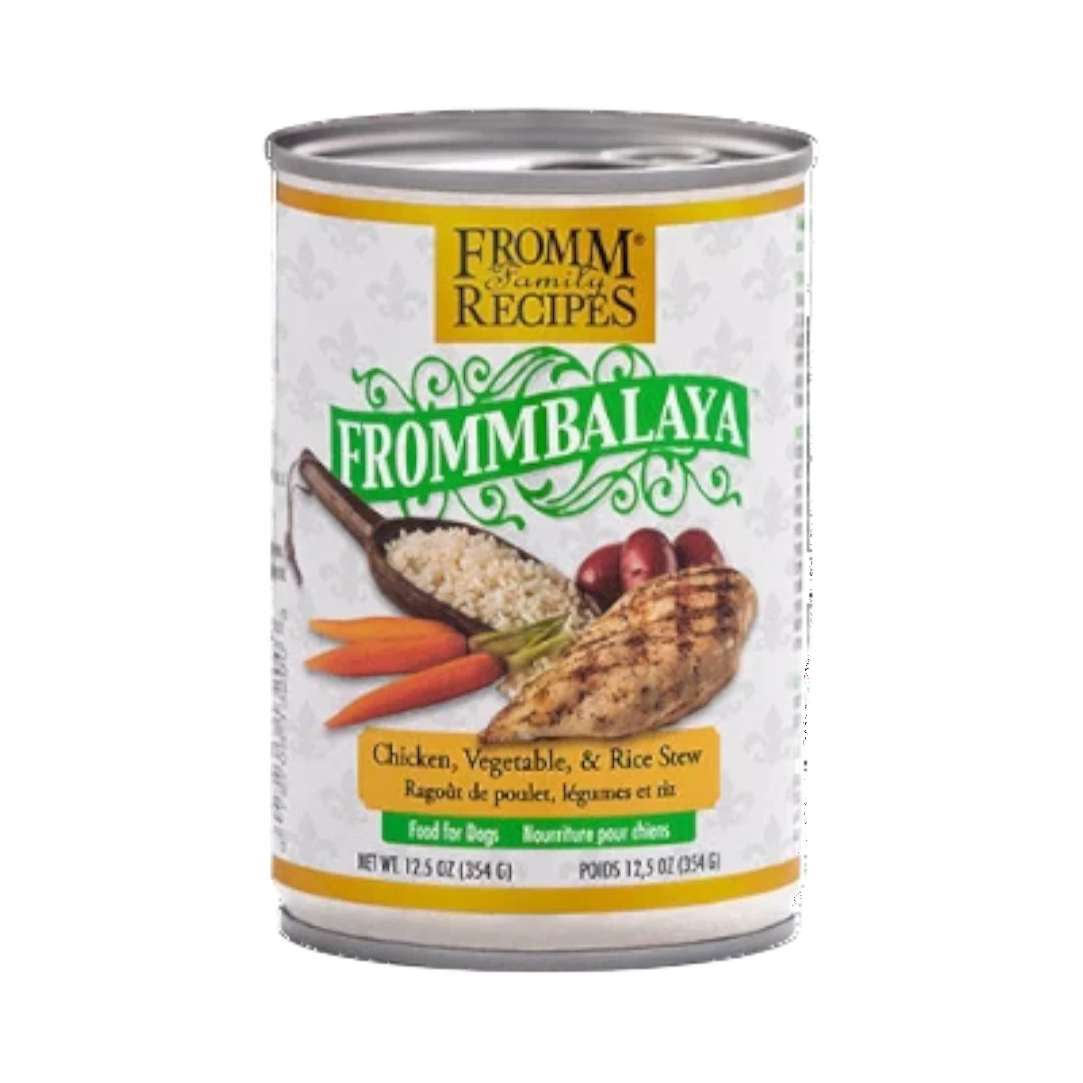 Dog Dish Fromm Family Recipes Frommbalaya chicken, vegetable, and rice stew wet dog food can.