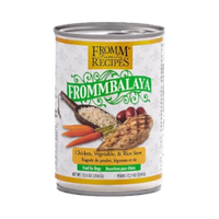 Dog Dish Fromm Family Recipes Frommbalaya chicken, vegetable, and rice stew wet dog food can.