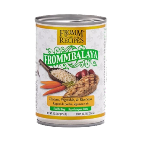 Dog Dish Fromm Family Recipes Frommbalaya chicken, vegetable, and rice stew wet dog food can.