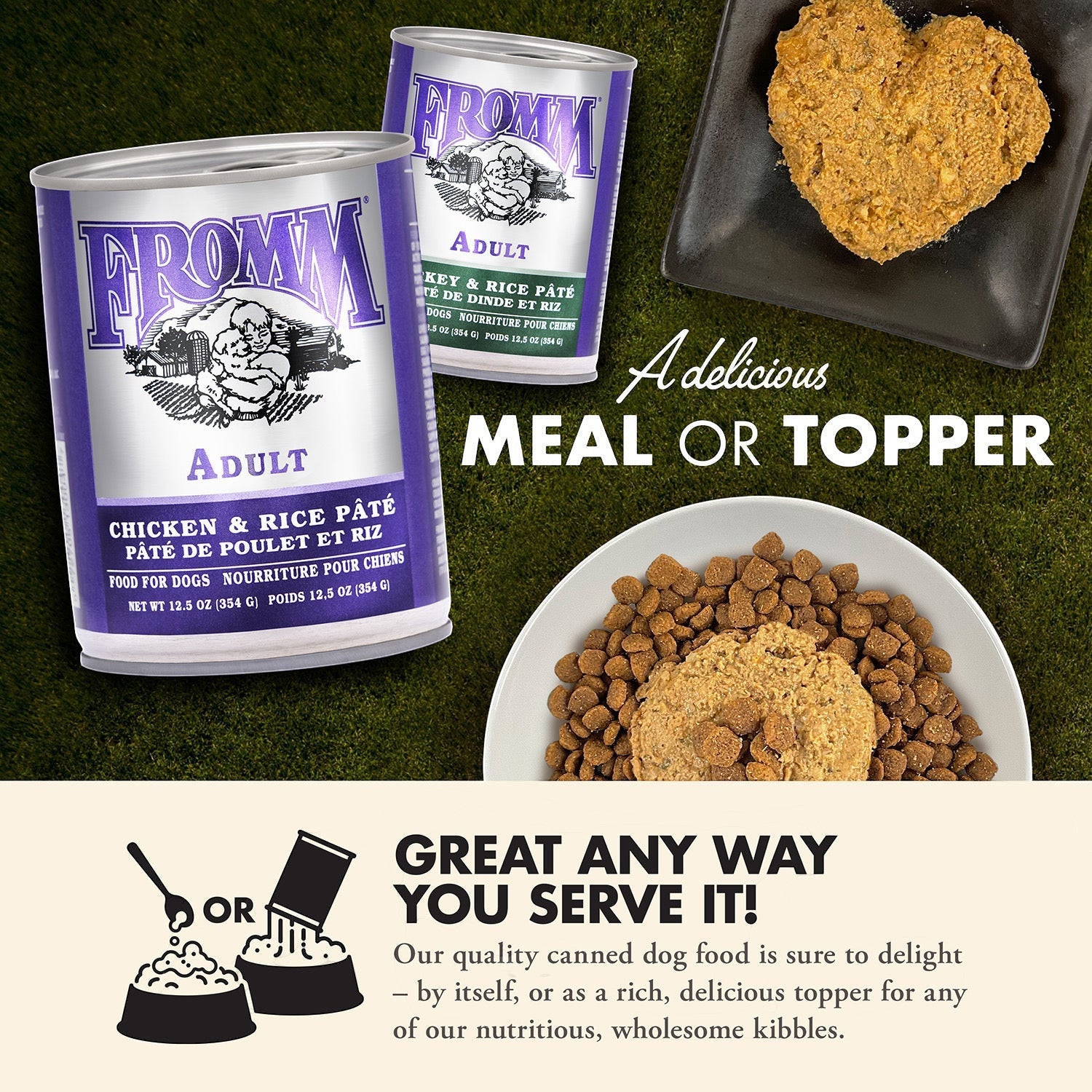 Dog Dish Fromm Classic Adult chicken and rice pate canned dog food with serving suggestions on a green background