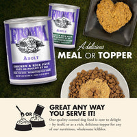 Dog Dish Fromm Classic Adult chicken and rice pate canned dog food with serving suggestions on a green background