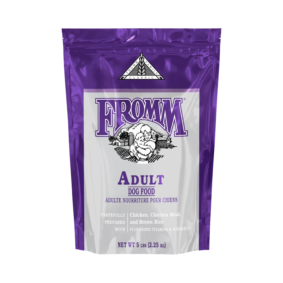 Dog Dish Fromm Classic Adult dry dog food 30lb bag featuring chicken and brown rice formula in purple packaging.
