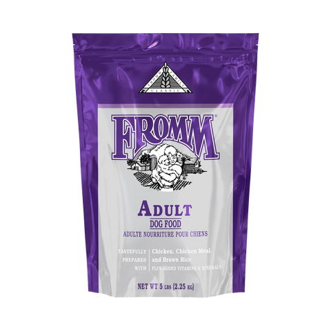 Dog Dish Fromm Classic Adult dry dog food 30lb bag featuring chicken and brown rice formula in purple packaging.